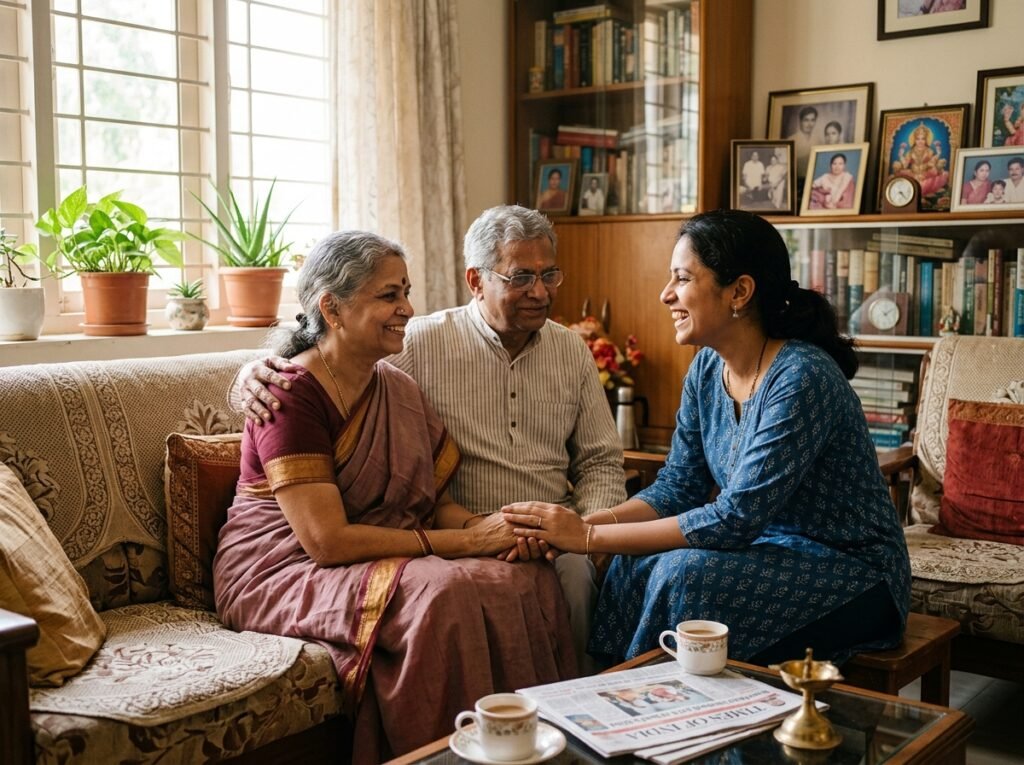 Caregiver providing emotional support and companionship to elderly parents in a comfortable home environment.