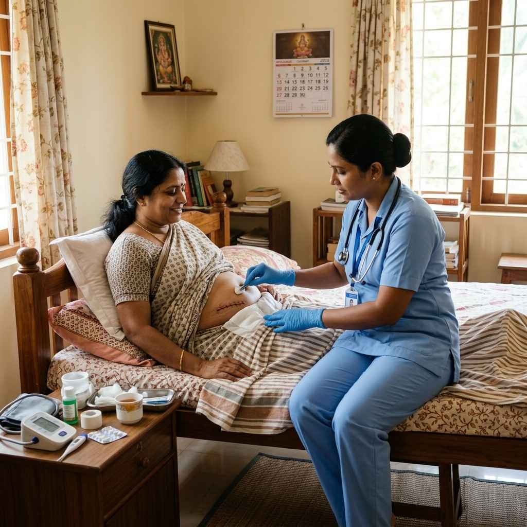 Post surgery home nursing care after abdominal surgery with a nurse providing monitoring and recovery support for a bedridden patient