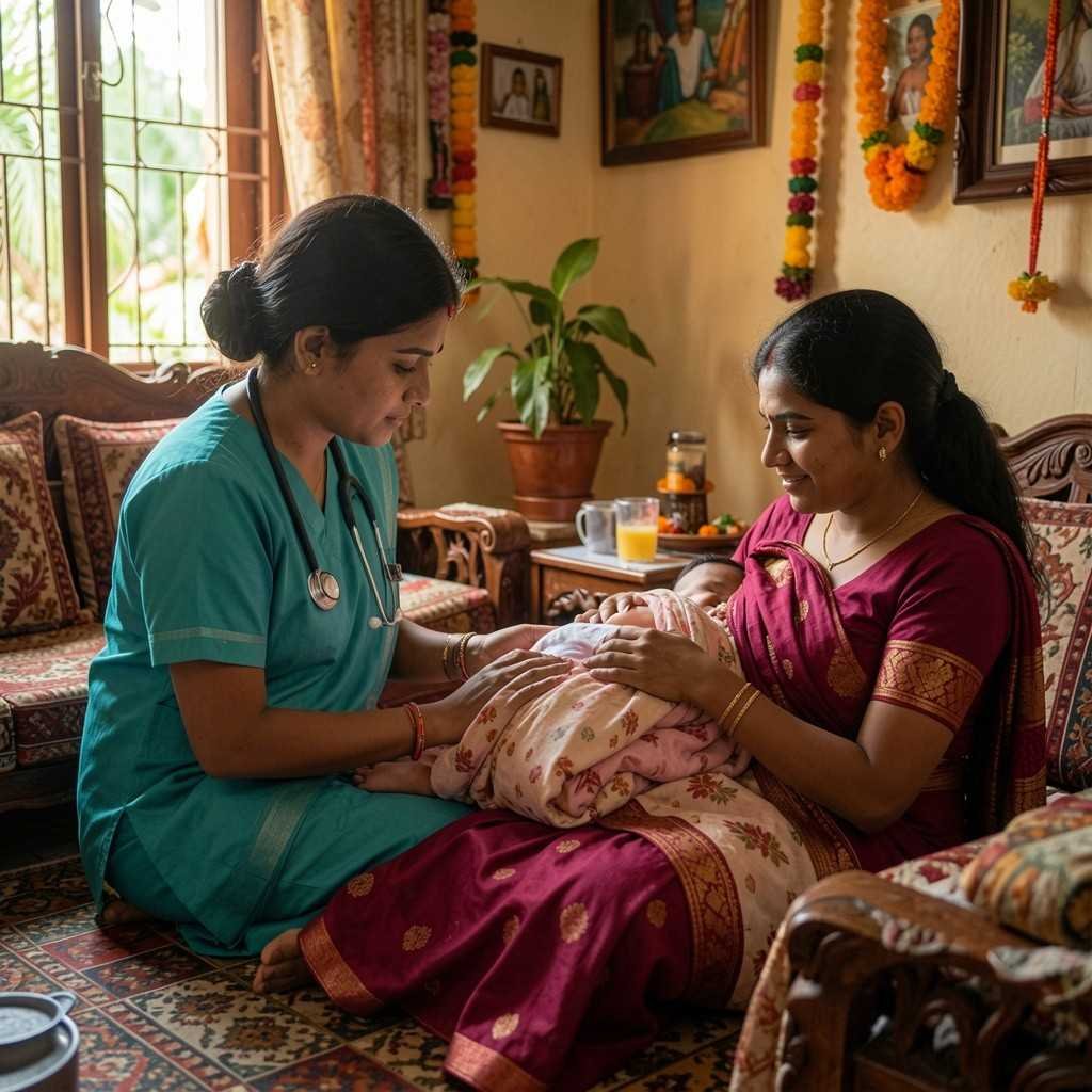 Breast care and breastfeeding guidance in post natal home nursing care with a nurse helping a new mother establish successful breastfeeding