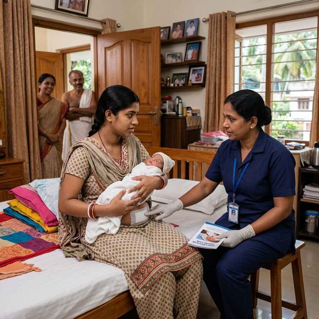 Post surgery home nursing care after caesarean section with a nurse guiding a new mother and supporting newborn baby care at home