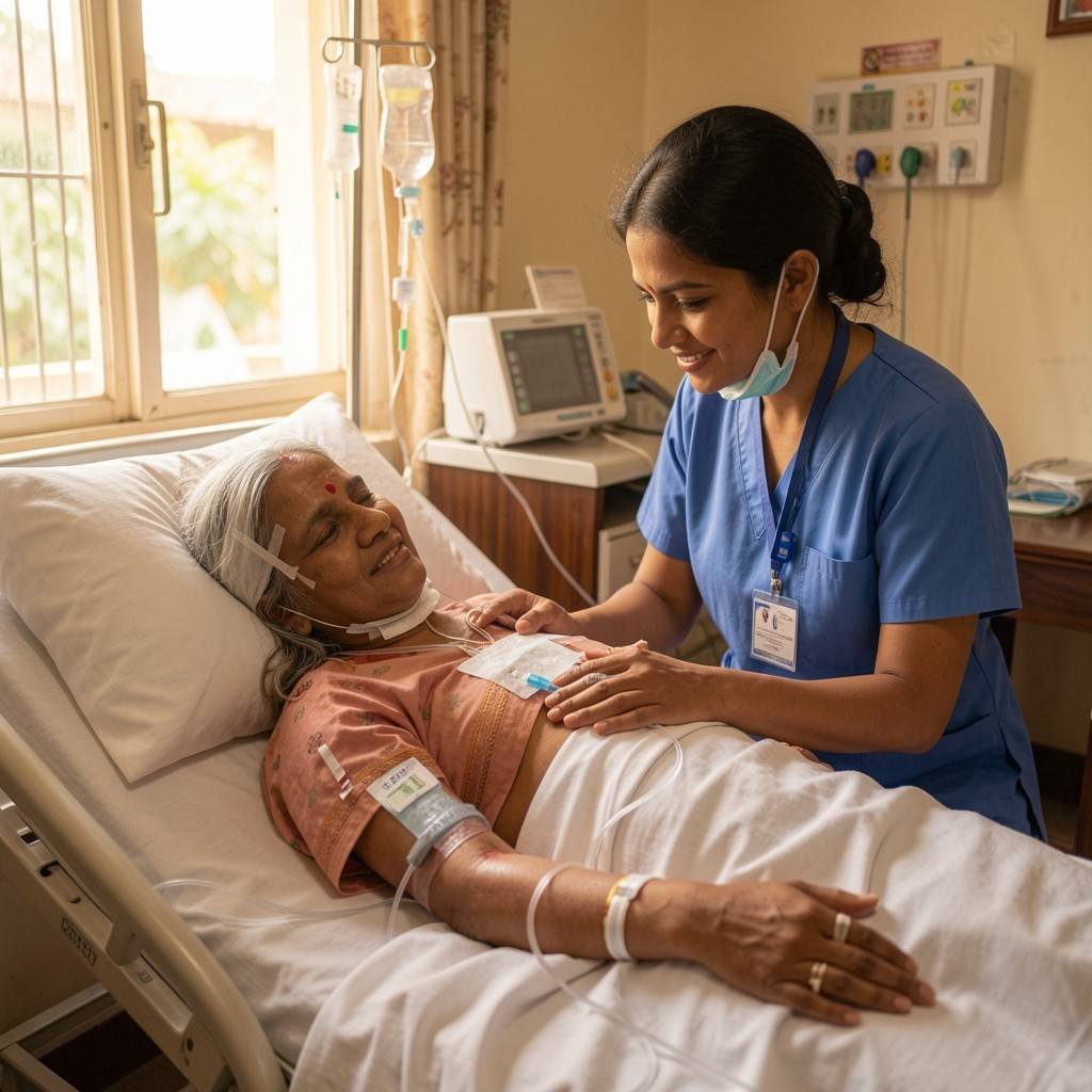 Post surgery home nursing care following cancer surgery with a nurse providing compassionate recovery support and patient monitoring at home