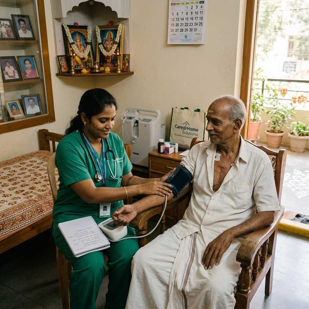 Post surgery home nursing care after cardiac surgery with a nurse monitoring vital signs and supporting heart surgery recovery at home