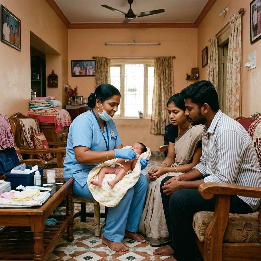 Cord care during post natal home nursing care with a nurse teaching safe umbilical cord care practices for a newborn baby