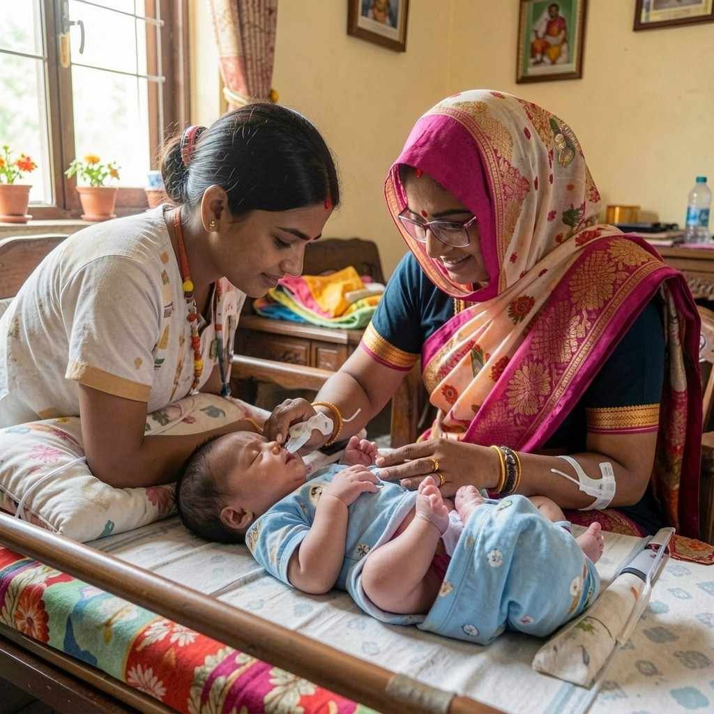 Daily newborn assessment as part of post natal home nursing care with a nurse examining a newborn baby's health and development