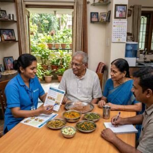 Diet and nutrition monitoring in home nursing care for diabetic patients with a nurse guiding a family on healthy diabetic meal planning