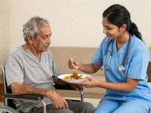 Caregiver assisting a stroke patient with safe eating and swallowing support for dysphagia management.