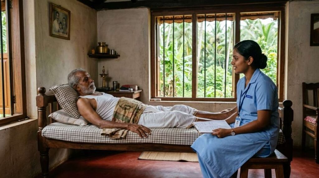 What is home nursing care for bedridden patients? Professional nurse conducting a home health assessment and recovery monitoring.