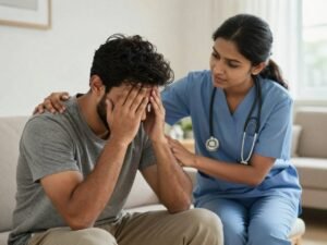 Caregiver providing emotional support to a stroke patient experiencing anxiety, stress, and psychological challenges.