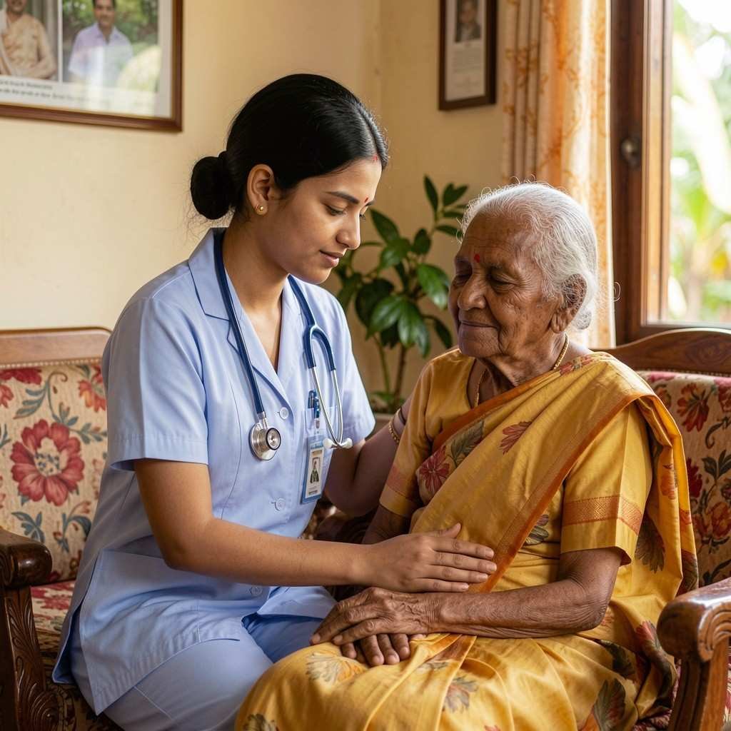 Emotional and psychological support through palliative care at home with a nurse comforting and reassuring an elderly patient during a difficult time
