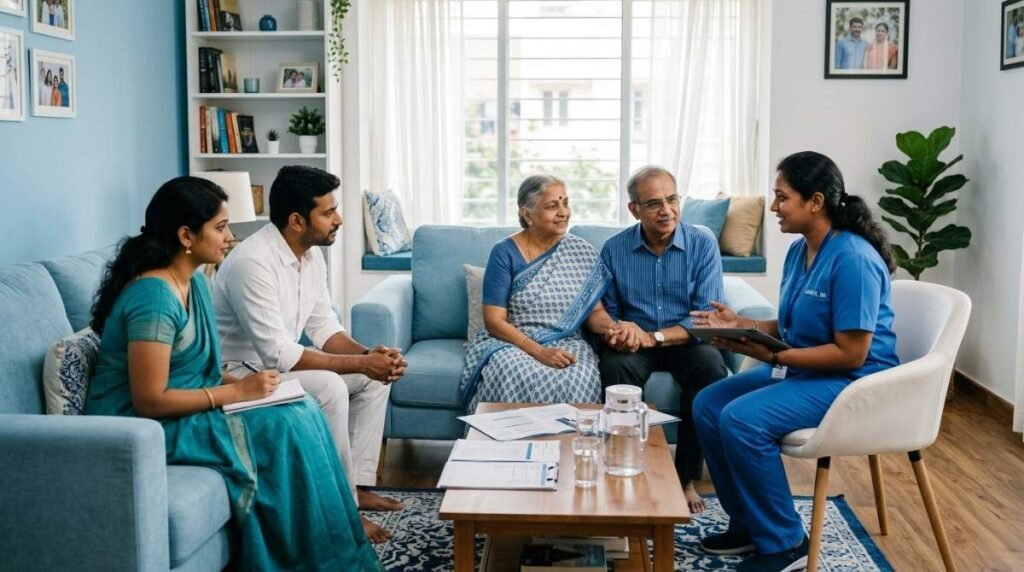 Home visit nurse discussing a personalized care plan with patients and family members during a home consultation.
