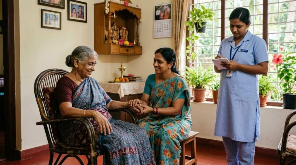 Home nurse elderly support with family interaction and personalized patient care at home.