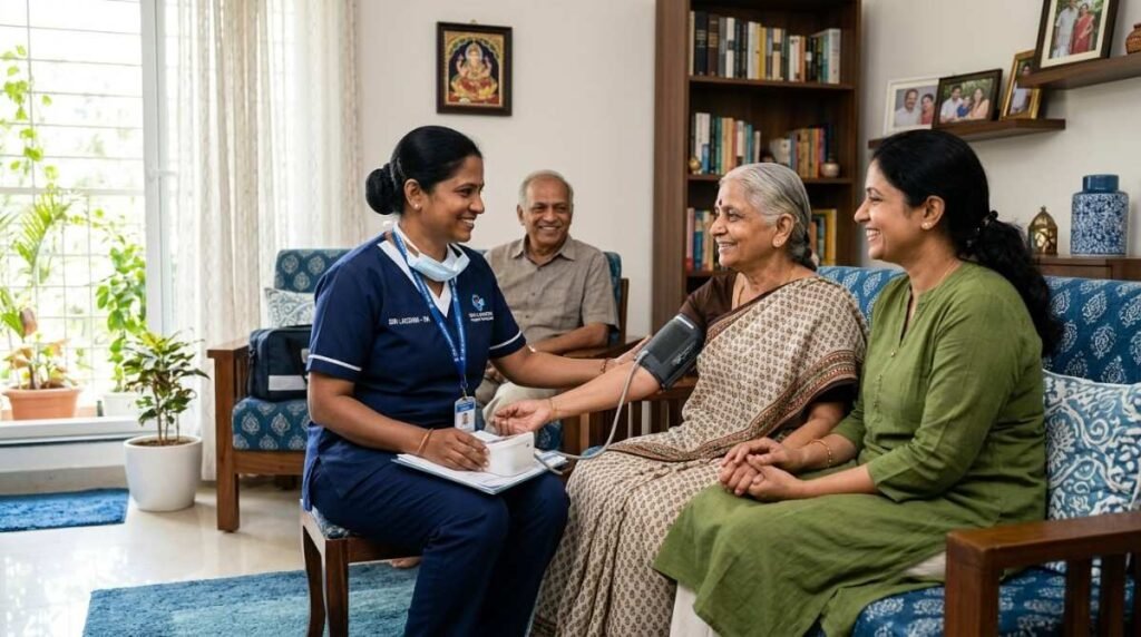 Home visit nurse checking blood pressure and monitoring the health of an elderly patient at home.