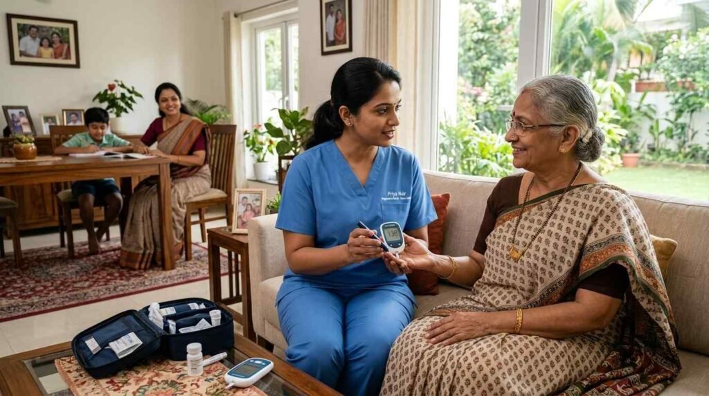 Home nursing care for diabetic patients with a nurse explaining diabetes management and blood sugar monitoring to an elderly woman at home