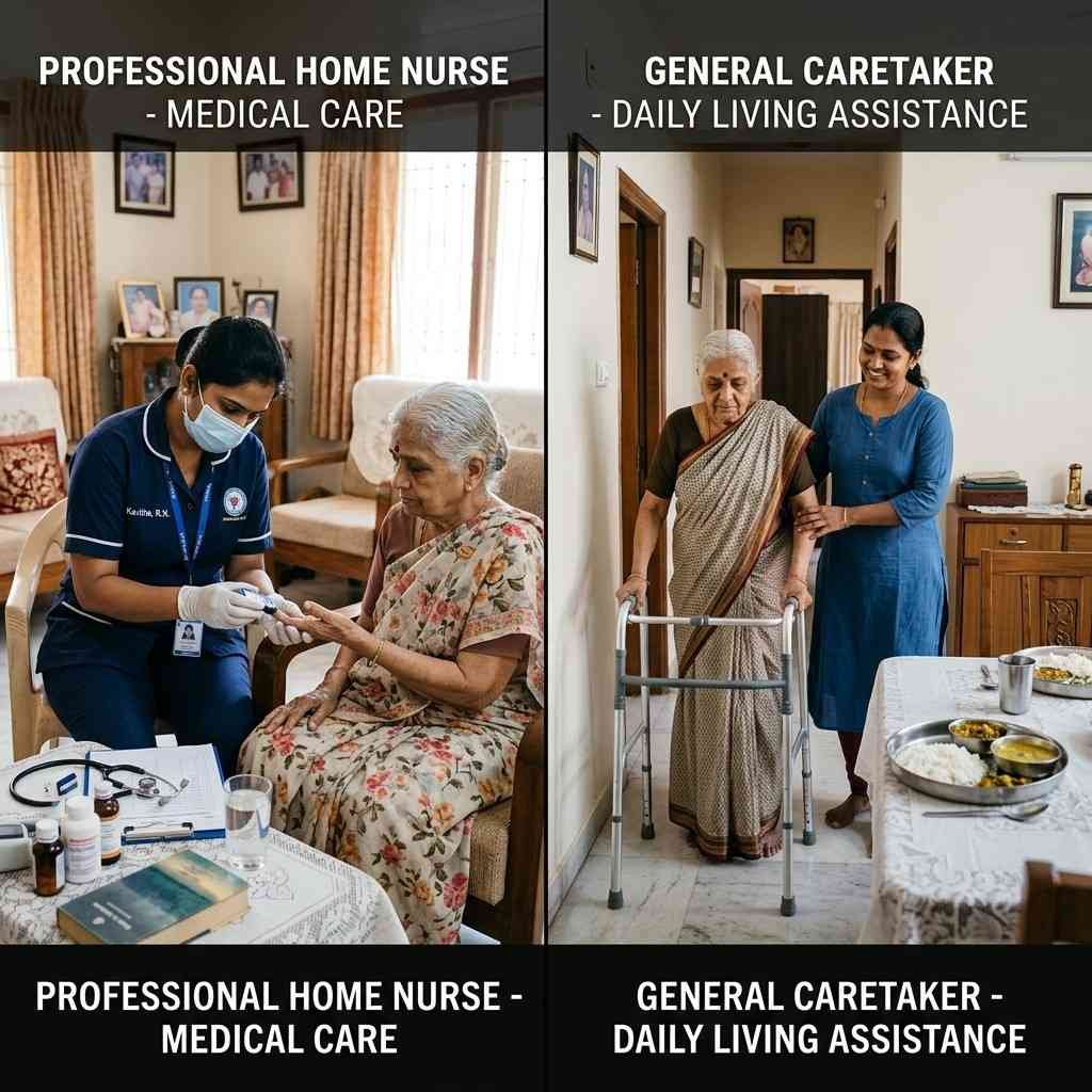 Difference between a home nurse and a general caretaker for diabetic patients showing medical care versus daily living assistance in home nursing care