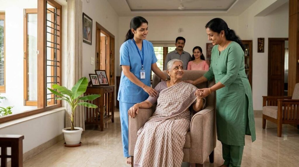 Home nurse vs caretaker services explained through a professional home nurse and family caregiver supporting an elderly woman at home.