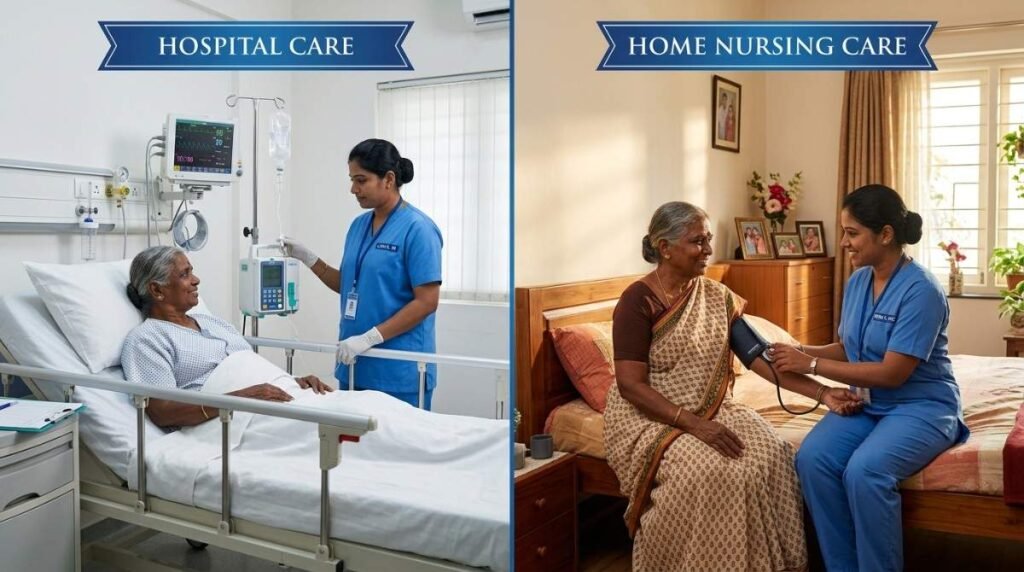 Hospital care vs home nursing care comparison showing a home visit nurse providing personalized patient support at home.
