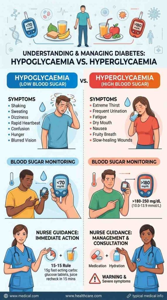 Hypoglycaemia and hyperglycaemia guide showing blood sugar warning signs and emergency response information for diabetic patient care at home