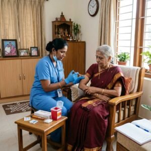 Insulin administration as part of home nursing care for diabetic patients with a nurse providing safe diabetes treatment at home