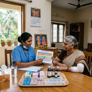 Medication management during post surgery home nursing care with a nurse explaining prescriptions and recovery medicines to a patient