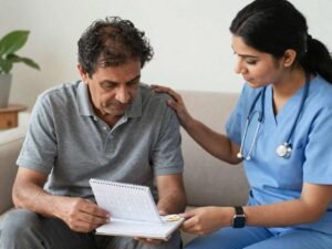 Stroke patient receiving cognitive support and memory exercises as part of home nursing care after discharge.