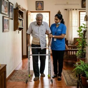 Mobility support and fall prevention during post surgery home nursing care with a nurse helping a patient walk safely using a walker