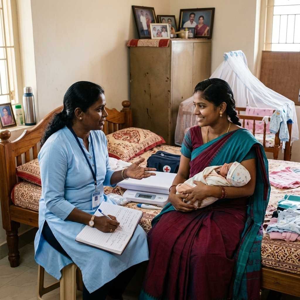 Monitoring feeding and weight in post natal home nursing care with a nurse tracking a newborn baby's feeding patterns and growth progress