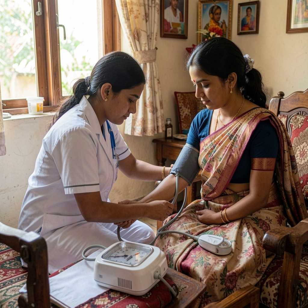 Monitoring physical recovery in post natal home nursing care as a nurse checks the health and recovery progress of a new mother at home