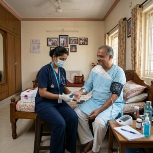 Monitoring vital signs in post surgery home nursing care as a nurse checks blood pressure and recovery progress of a patient at home