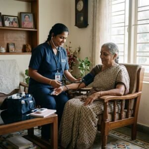 Monitoring for complications as part of home nursing care for diabetic patients with a nurse assessing an elderly patient's health condition