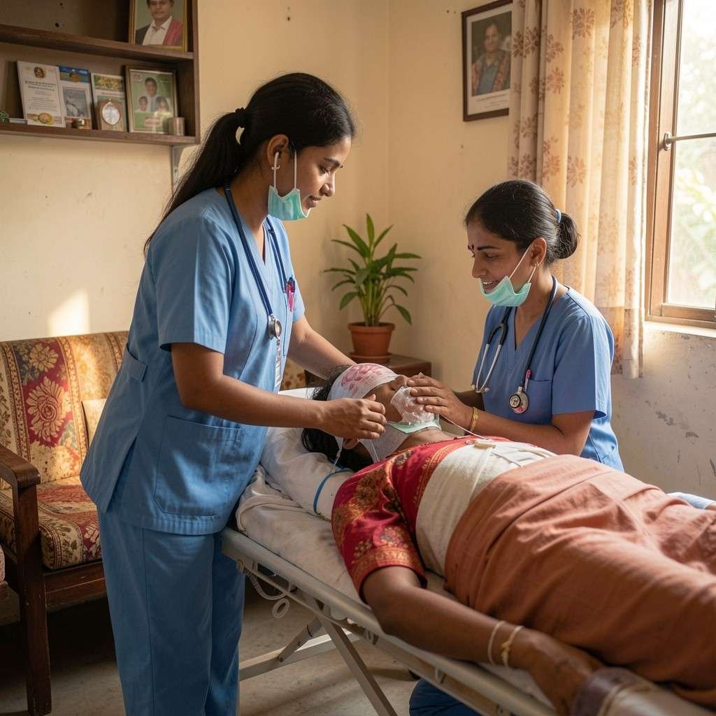 Post surgery home nursing care after neurological surgery with nurses assisting rehabilitation, monitoring recovery, and supporting patient safety at home