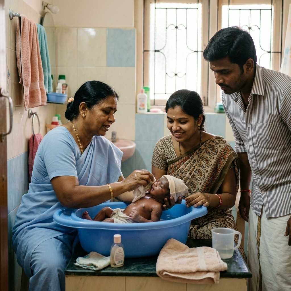 Newborn bathing in post natal home nursing care with a nurse demonstrating safe bathing techniques for a newborn baby at home