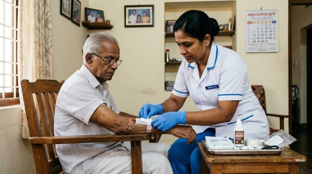 Home nurse care India professional providing wound dressing and medical support for an elderly patient at home.