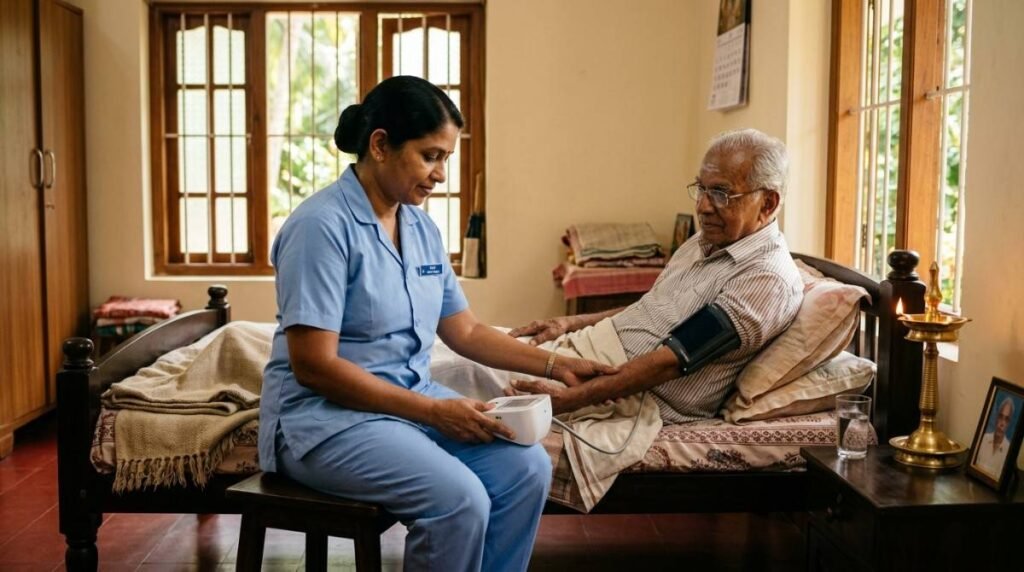 What is home nursing care? A nurse monitoring blood pressure and providing patient care at home for an elderly individual in India.