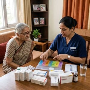 Oral medication management in home nursing care for diabetic patients with a nurse organizing and explaining diabetes medicines to an elderly patient
