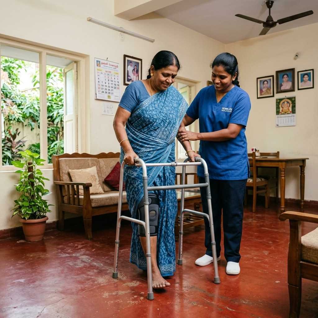 Post surgery home nursing care following orthopaedic surgery with a nurse assisting recovery and mobility support for an elderly patient