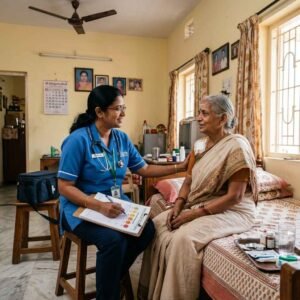 Pain assessment and management in post surgery home nursing care with a nurse evaluating patient discomfort and recovery needs