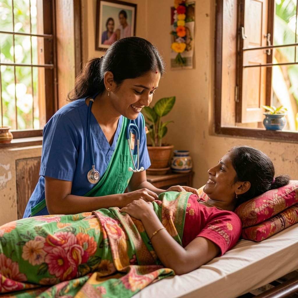 Pain management during post natal home nursing care with a nurse assessing discomfort and supporting a mother's recovery after childbirth