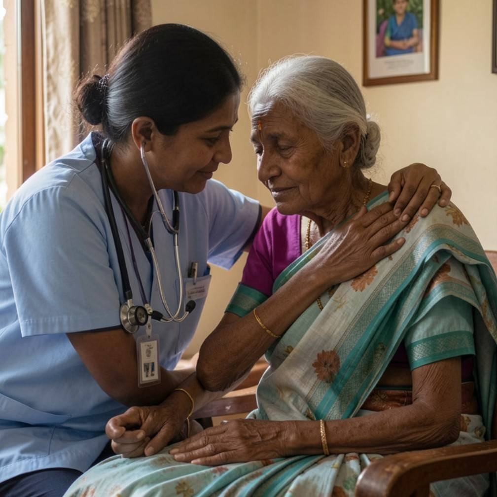 Pain and symptom management in palliative care at home with a nurse monitoring comfort and addressing physical symptoms of an elderly patient