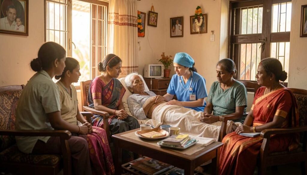 Image 1 – Palliative Care at Home (Hero Image) Alt Text: Palliative care at home with nurses and family members providing compassionate support to a seriously ill patient in a comfortable home environment