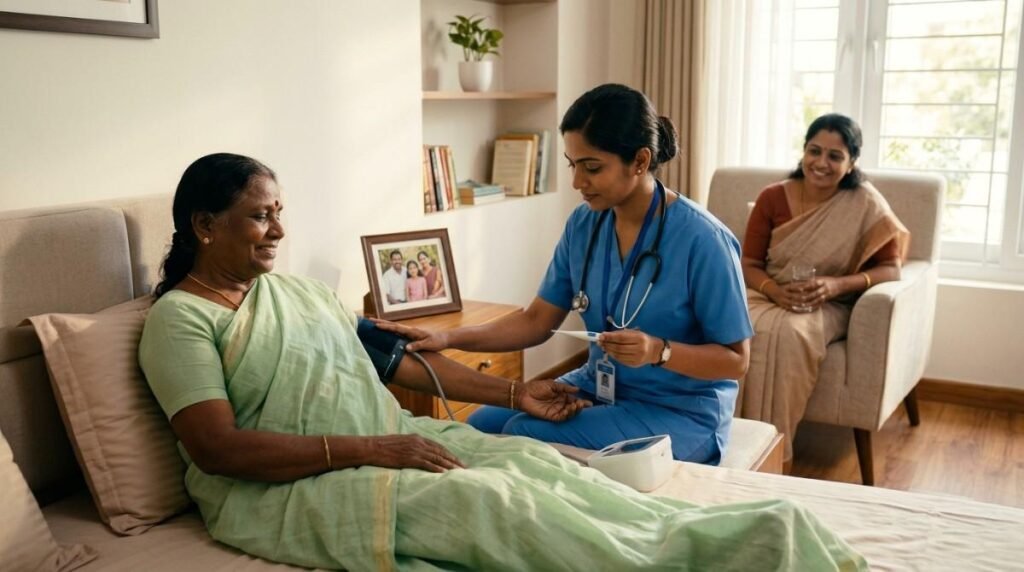 Home visit nurse providing health assessment and personalized care for a patient in a comfortable home environment.