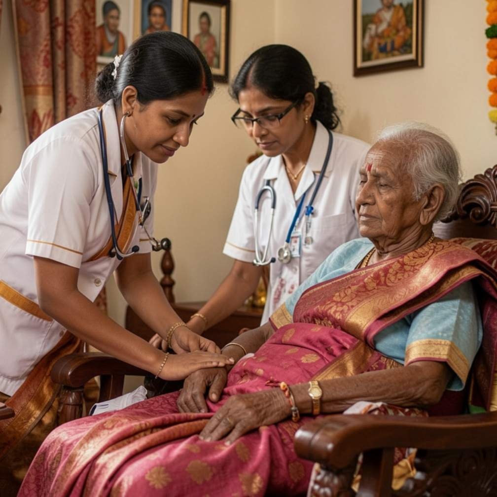 Personal care with dignity during palliative care at home as healthcare professionals provide respectful and compassionate support to an elderly patient