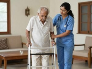 Home nursing care for stroke patients with physical weakness and mobility challenges during rehabilitation.