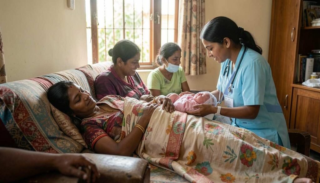 Post natal home nursing care with a nurse supporting a new mother and newborn baby during recovery and early childcare at home
