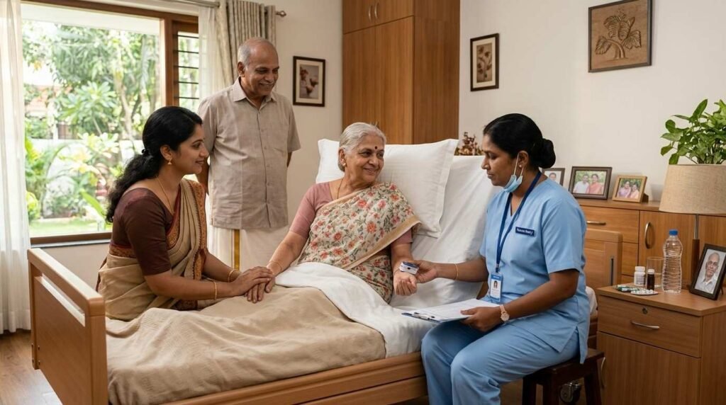 Post surgery home nursing care with a nurse supporting patient recovery at home after hospital discharge alongside family members