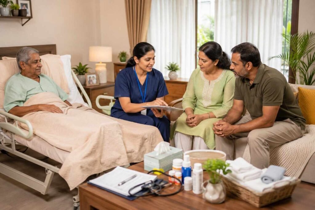 Practical arrangements for palliative care at home with a nurse discussing care plans, medical needs, and family coordination for home-based support