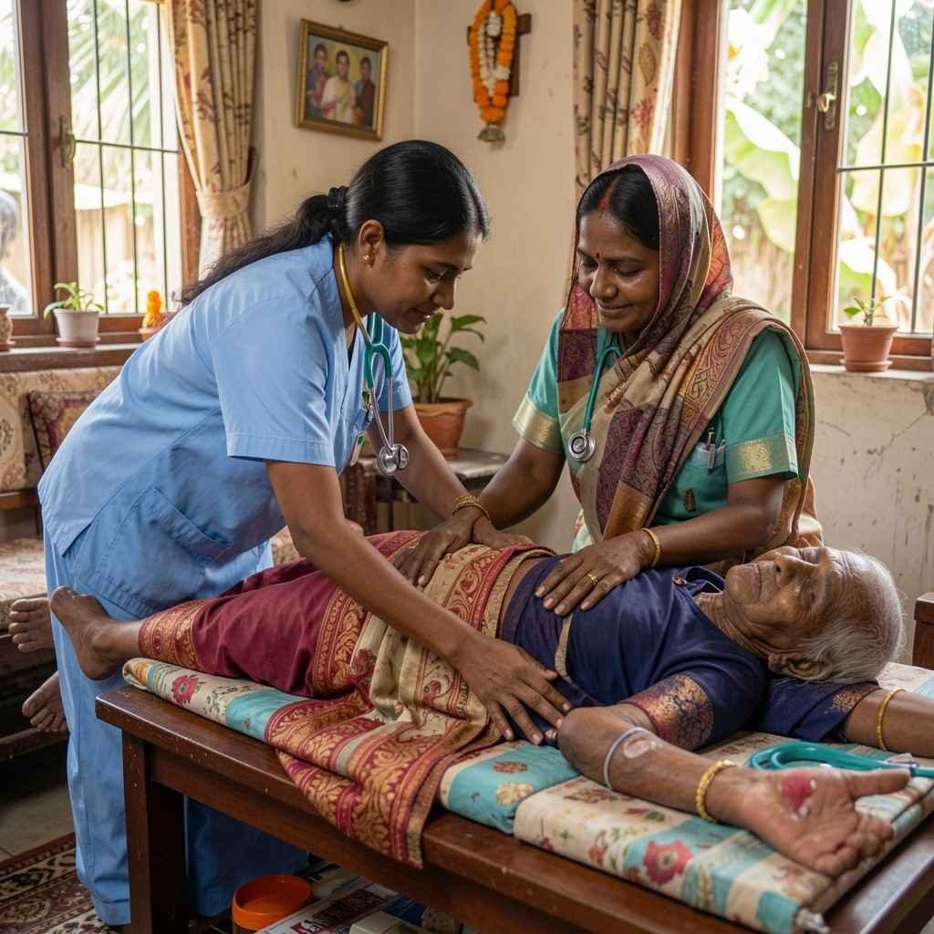 Preventing secondary complications in palliative care at home with a nurse assisting a bedridden patient to maintain comfort and reduce health risks