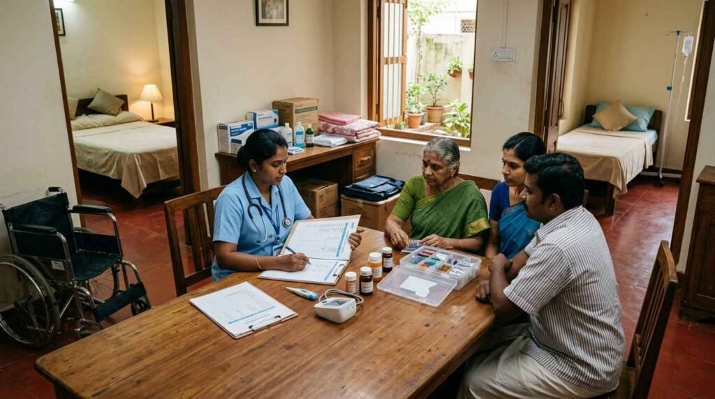 Questions about practical arrangements for home nursing services, including visit schedules, documentation, medication management, and daily care coordination.