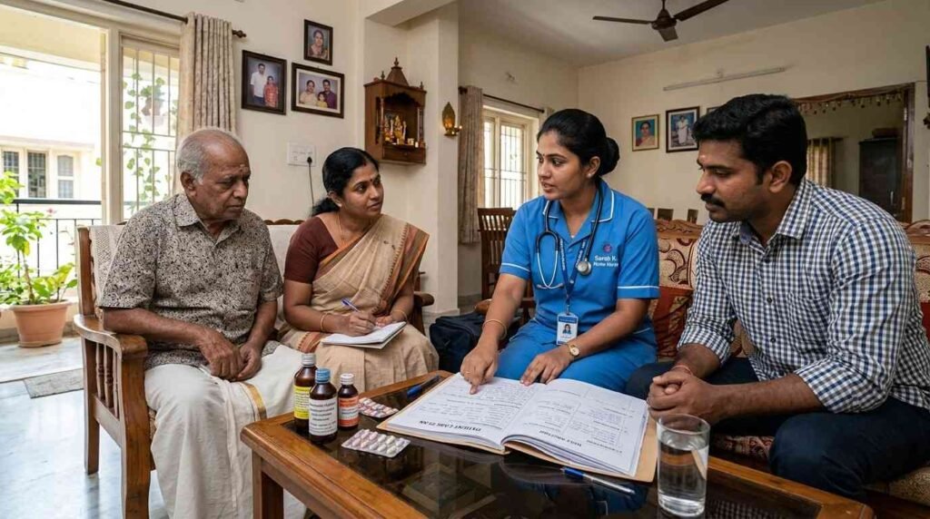 Questions about the care plan before hiring a home nurse, with a nurse explaining treatment goals, medication schedules, and patient care requirements to family members.