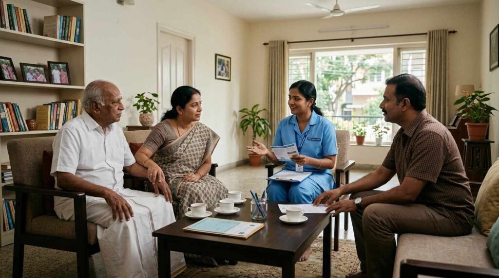 Questions to ask before hiring a home nurse during a family consultation with a professional nurse discussing home care needs for an elderly patient.