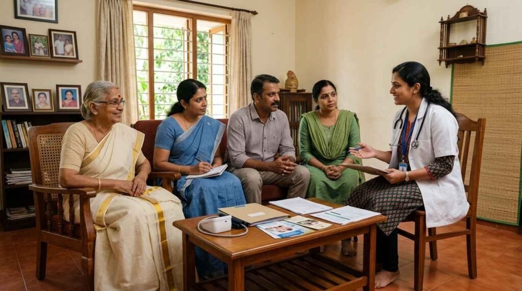 Family consultation with a healthcare professional discussing home nurse vs caretaker services to determine the most suitable care option for an elderly family member.